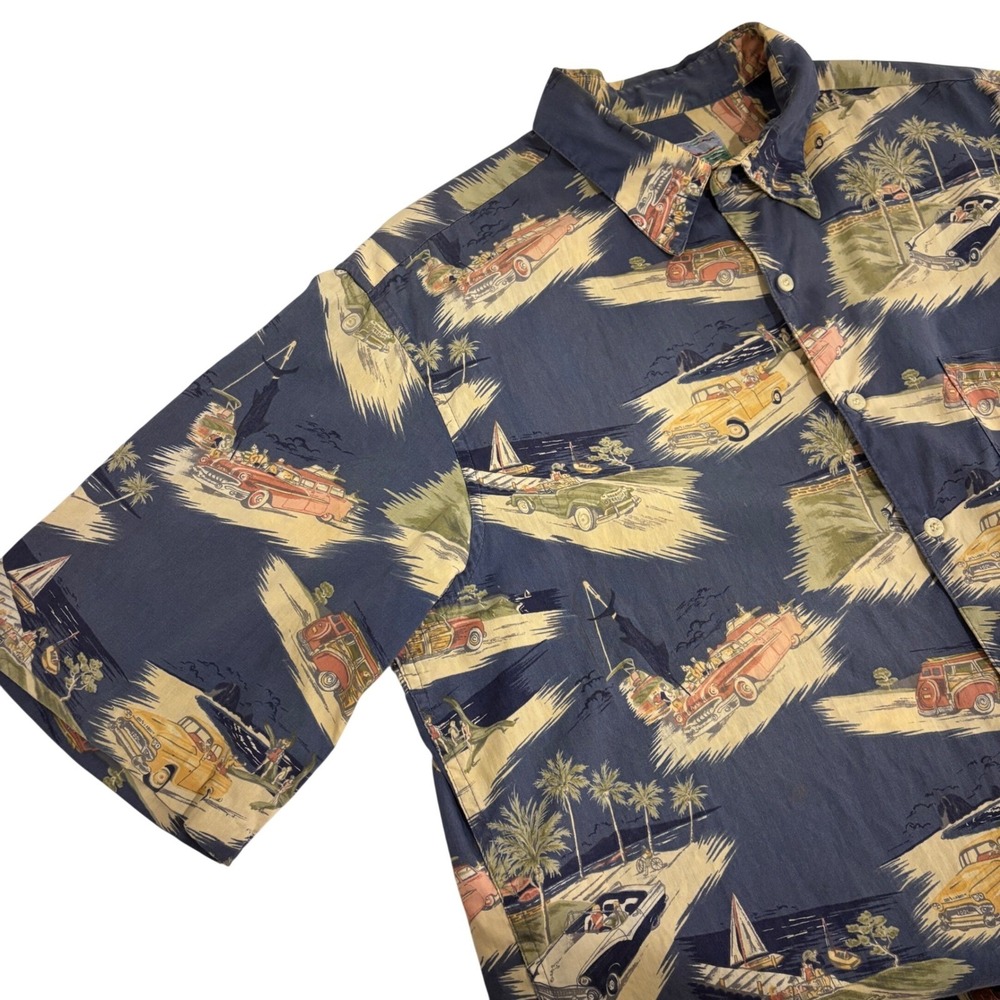 Reyn Spooner Hawaiian Shirt Men L Navy Blue Vintage Classic Cars Tropical Aloha